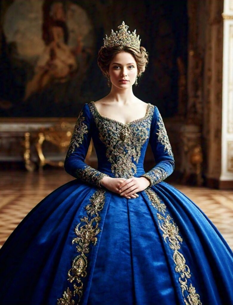 a royal woman in blue dress